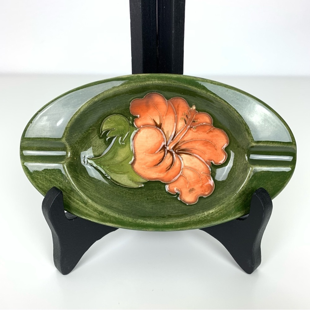 Moorcroft Ashtray Trinket Dish Hibiscus Pink Green Vtg England Floral Flower